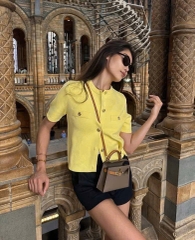 A396- Áo len dệt kim cộc tay cúc đồng hàng nhà máy chuẩn 2 màu vàng hồng