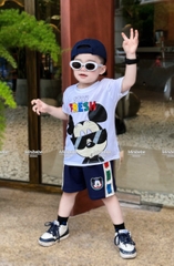 bT592- Bộ mèo kính đen trắng quần phối chất cotton bé trai