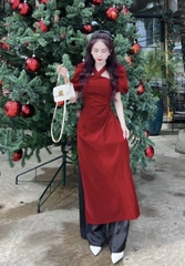 SET ÁO DÀI NHUNG CHUN CHÉO MIX QUẦN LỤA ĐEN