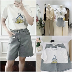 SET732- Set áo thun trắng in mèo phối quần jean lửng