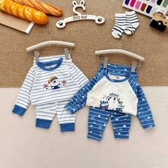 BT1081- Set 2 bộ thun díp dài tay xanh trắng kẻ Cute bé trai