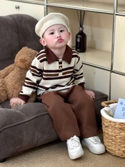 BT619- Bộ bé trai áo polo dài tay kẻ nâu phối quần kaki dài