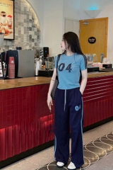 set746- SET áo thun cộc tay phối quần suông dài sọc thân