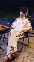 Set821- Set nỉ haida xám viền đỏ áo khoá kéo phối quần suông