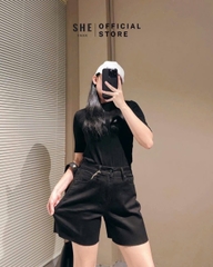 Quan044- Quần short jeans đen hàng máy full tem