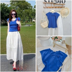 SET651-Set áo thun xanhcách điệu phối chaanvays midi trắng thô