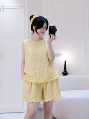 Set972-Set mặc nhà vải đũi mát chấm bi vàng TẶNG KÈM DÂY TÓC