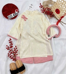 [KÈM MẤN]  Bt759- Bộ áo đai 2 tà bé gái chất lụa gấm màu vàng-xanh