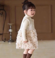 DAMKID021-ĐẦM dạ BE REN GẤU chạy viền 2 lớp BÉ GÁI