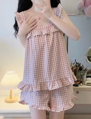 SET1022- Set mặc nhà áo sát nách kẻ hồng quần cộc