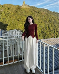 A366-Áo thun giấy dài tay xếp ly 2 màu đỏ đen