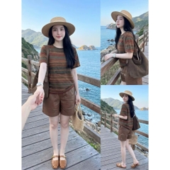SET1002- Set áo đũi thổ cẩm phối quần cộc nâu