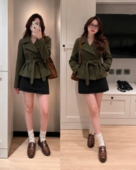 A680-Áo khoá dạ dáng lỡ xanh rêu 2 hàng cú kèm đai