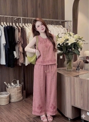 SET1000- Set áo đũi hồng thêu phối quần ống suông