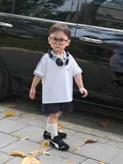 BT853-Bộ áo polo trắng phối quần short thêu ngựa cho bé 9-26kg