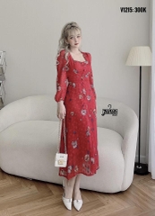 Đầm voan 2 lớp màu đỏ cúc bọc