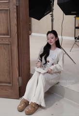 Set757- Bộ mặc nhà áo nỉ dài tay phối quần suông be