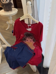 Set619- Set bộ áo cộc đỏ cô gái mix quần viền màu than chất cotton