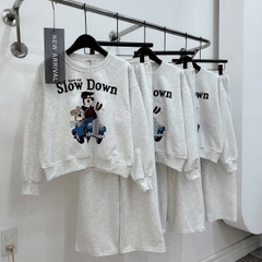 Set855- Bộ nỉ xám in chữ SLOW quần suông