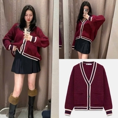 A387- Áo len cadigan đỏ viền đen hàng nhà máy full tem