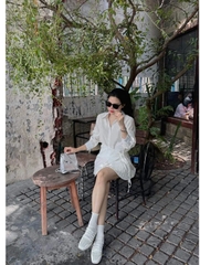 A122-Áo sơmi nữ đũi buộc lệch vạt 2 màu trắng nâu