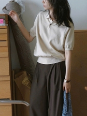 A381-Áo len dệt kim cộc tay cổ bẻ hàng xuất full tem