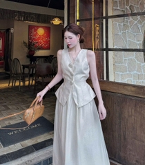 Set633- Set váy lien màu be CV xoè mix áo hoa