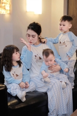 SET772- Bộ mặc nhà gia đình  áo thun quần kẻ suông xanh nhạt