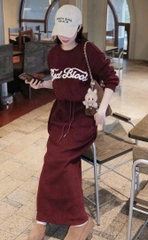 Set842- Bộ CV váy đỏ chữ xù chất nỉ hai da dáng dài