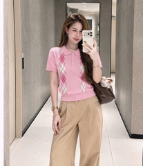 A721-Áo len dệt kim cộc tay trám hồng có tem
