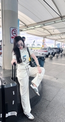 Set777- Bộ dạo phố áo thun in hình phối quần suông dài cạp chun 2 màu be đen