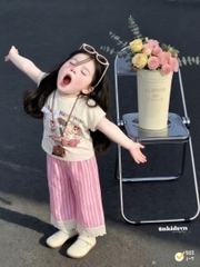 Damgai06-SEt áo thun nơ nhồi mix quần suông kẻ hồng chân ren