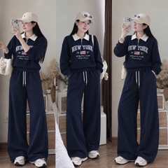 Set1062- Set nỉ haidan Ny xanh than phối quần suông dài