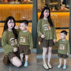 SET1033- Bộ mặc nhà mẹ con áo thun dài tay xanh rêu phối quần nâu