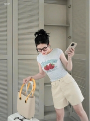 Quan050- Quần short jeans  trắng gạo mác da full tem nhà máy