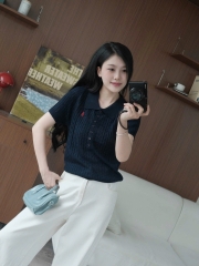 A377-Áo len cộc tay Quảng Châu cổ bẻ thêu ngực 5 màu trơn