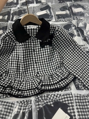 A401- Sơ mi kẻ đen dáng peplum chất thô mềm