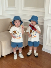 BT927-Bộ mũ vàng tròn GÁU BEAR trắng xanh quần chất mềm