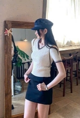 a663-Áo len thừng cộc tay 3 màu xanh hồng trắng