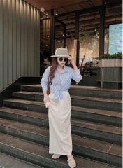 SET655-TẶNG ÁO THUN SÁT NÁCH-Set sơ mi kẻ xanh phối chân váy midi trắng 2 lớp
