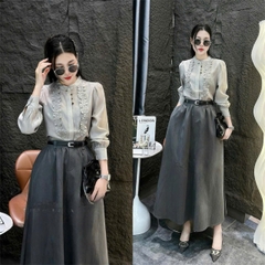 A136-Áo sơ mi nữ voan tơ bèo cổ 2 màu xanh xám