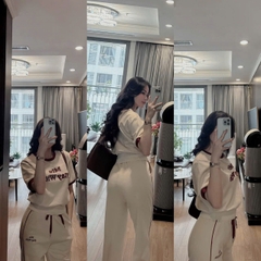 SET487-Set áo thun bo gấu phối quần ống suông rộng be