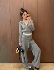 Set1052- Set áo nỉ xám có mũ phối quần suông TẶNG KÈM áo thun trắng