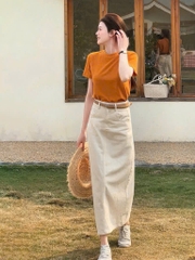 SET485- SET áo cotton cam mix CV kaki màu be ( ko kèm bel)