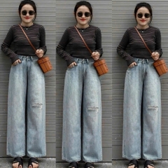 QUAN015-QUẦN JEANS SUÔNG RÁCH 1 BÊN MÀU NHẠT