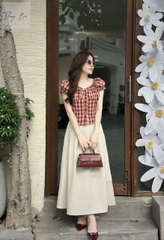 Set717-Set áo kẻ đỏ trễ vai phối quần ống suông