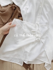A122-Áo sơmi nữ đũi buộc lệch vạt 2 màu trắng nâu