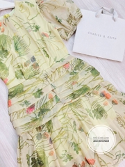 Đầm hoa xanh xếp ly thân đuôi cá vải cao cấp