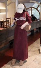 Set842- Bộ CV váy đỏ chữ xù chất nỉ hai da dáng dài