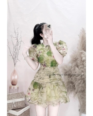 Đầm hoa xanh xếp ly thân đuôi cá vải cao cấp